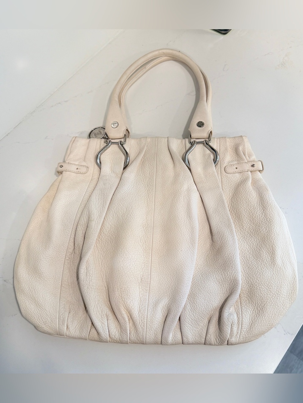 Vintage Celine Cream Pebbled Leather Satchel Shoulder Tote Bag Silver Hardware